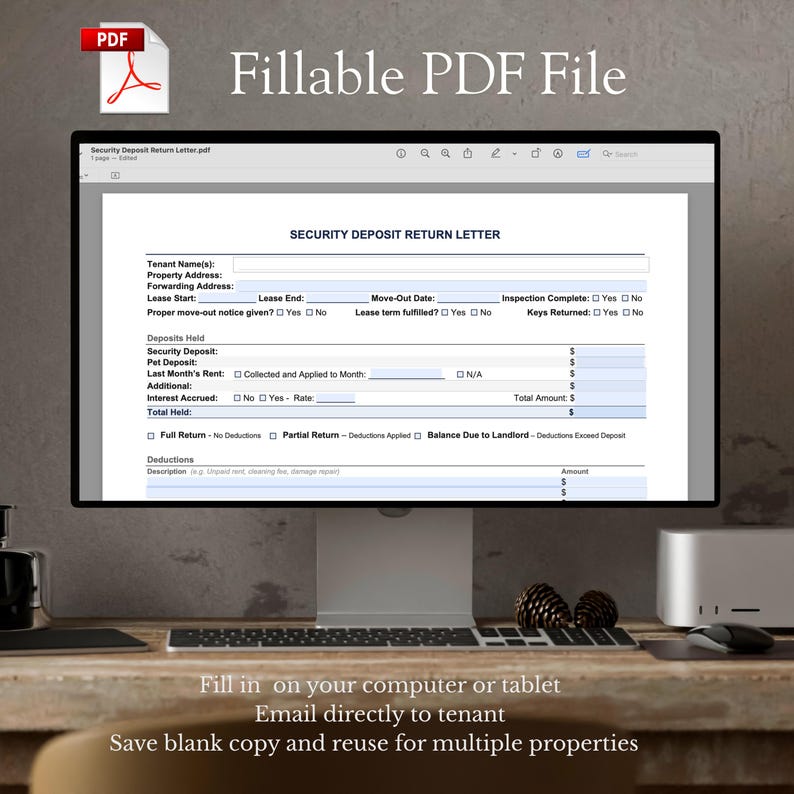 May include: A computer monitor displays a "Security Deposit Return Letter" form. The PDF document is fillable and can be completed on a computer or tablet. The text on the screen says "Fill in on your computer or tablet, Email directly to tenant, Save blank copy and reuse for multiple properties."