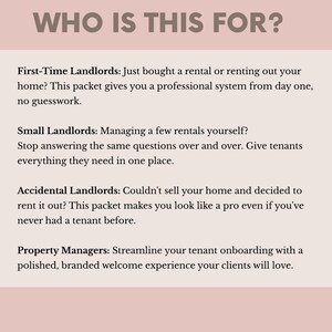 May include: A light pink graphic with the text "WHO IS THIS FOR?" and descriptions for First-Time Landlords, Small Landlords, Accidental Landlords, and Property Managers. The text offers information on managing rental properties professionally.