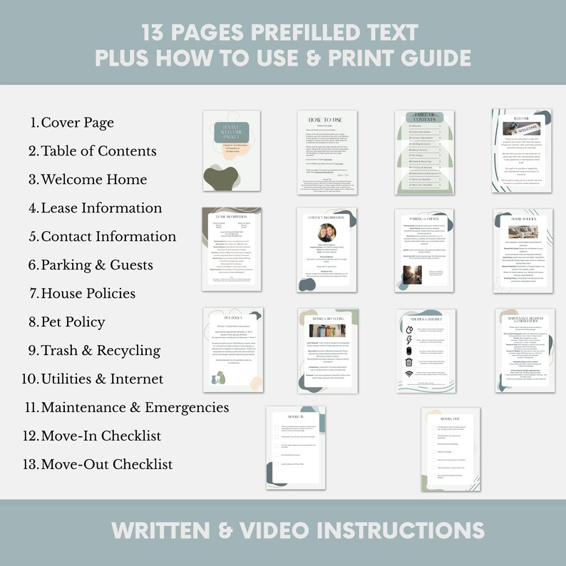 May include: A digital document with 13 prefilled pages, including a cover page, table of contents, and checklists. The document also includes a how-to-use and print guide. The text is accompanied by written and video instructions.
