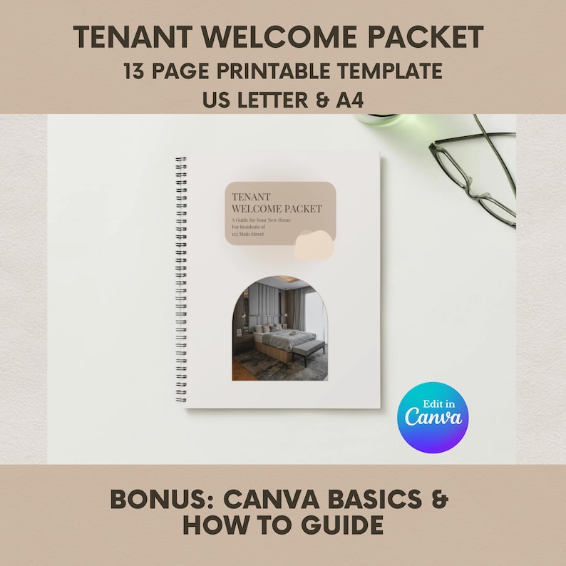May include: A white spiral-bound notebook with the text "TENANT WELCOME PACKET" and "13 PAGE PRINTABLE TEMPLATE US LETTER & A4". The cover features a bedroom image and the Canva logo. The bottom text reads "BONUS: CANVA BASICS & HOW TO GUIDE".