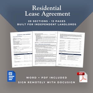 May include: A residential lease agreement template with 20 sections and 13 pages, designed for independent landlords. The image includes the text "Residential Lease Agreement", "20 Sections - 13 Pages", and "Built for Independent Landlords". It includes Word and PDF formats, and can be signed remotely with DocuSign.