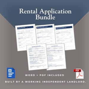 Pode incluir: Um pacote de formulários de pedido de aluguel, incluindo um pedido de aluguel, verificação de emprego e formulários de referência de aluguel. Os formulários estão em formato Word e PDF. O texto na imagem diz: "Rental Application Bundle".
