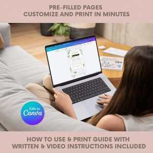 May include: A laptop displaying a Canva template with green leaf accents. The screen shows the text "Welcome Home". The image includes the text "PRE-FILLED PAGES CUSTOMIZE AND PRINT IN MINUTES" and "HOW TO USE & PRINT GUIDE WITH WRITTEN & VIDEO INSTRUCTIONS INCLUDED".