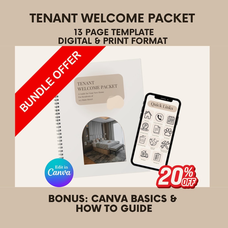 May include: A white spiral-bound "Tenant Welcome Packet" with a red "Bundle Offer" banner. A smartphone displays app icons. Text includes "13 Page Template" and "Edit in Canva". A 20% off promotion is also visible.