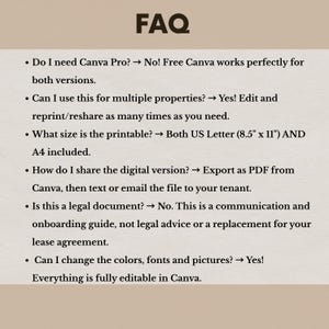 May include: A beige graphic with the title "FAQ" in a bold, dark font. The text provides answers to common questions about a digital product, including size, editing options, and sharing instructions. The text is in a clear, easy-to-read format.