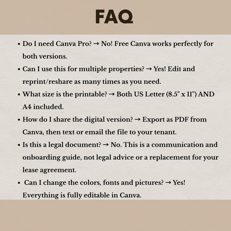 May include: A beige graphic with the title "FAQ" in a bold, dark font. The text provides answers to common questions about a digital product, including size, editing options, and sharing instructions. The text is in a clear, easy-to-read format.