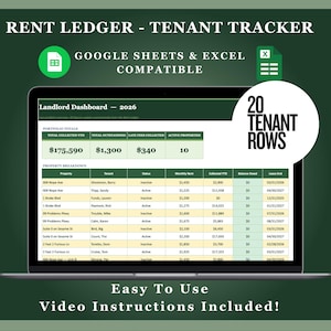 Strumento di monitoraggio dei pagamenti dell'affitto / 20 slot per inquilini / Foglio di calcolo per proprietari / Fogli Google ed Excel / Verde foresta