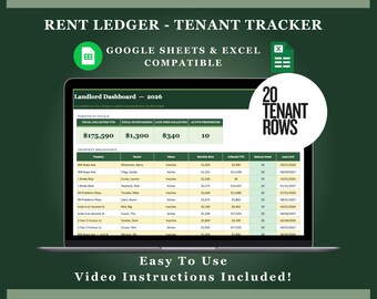 Rent Payment Tracker | 20 Tenant Slots | Landlord Spreadsheet | Google Sheets & Excel | Forest Green
