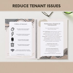 May include: Open notebook with the text "REDUCE TENANT ISSUES" at the top. The left page lists utilities and internet information, with icons for water, electricity, gas, trash, and internet. The right page details maintenance requests and emergencies.