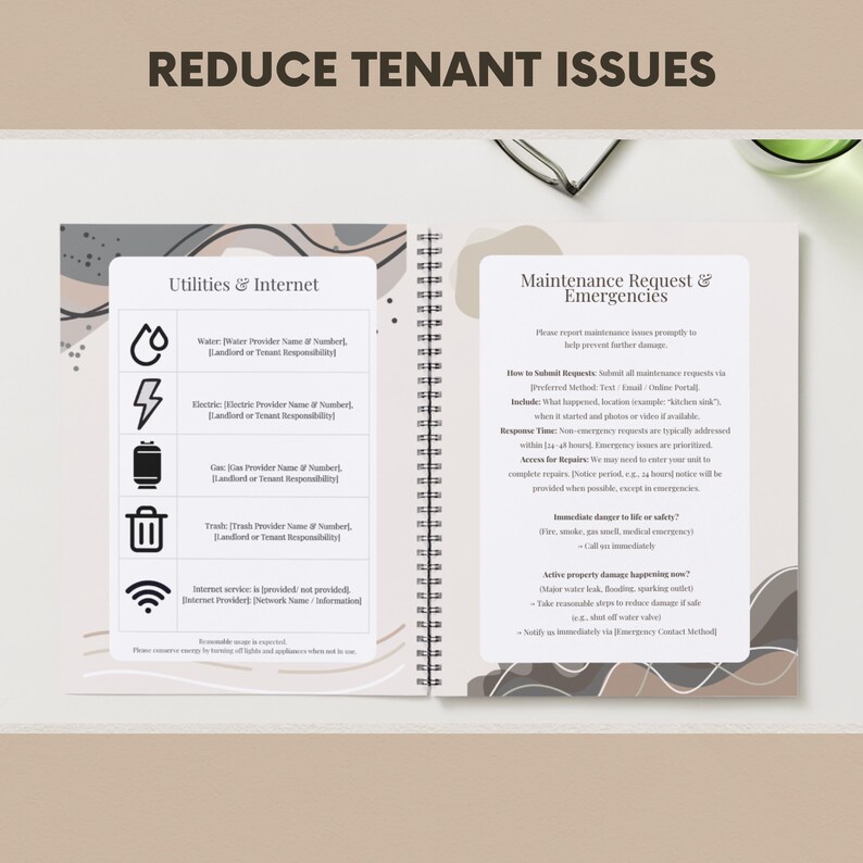 May include: Open notebook with the text "REDUCE TENANT ISSUES" at the top. The left page lists utilities and internet information, with icons for water, electricity, gas, trash, and internet. The right page details maintenance requests and emergencies.