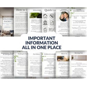 May include: A digital tenant welcome packet with sections on maintenance, parking, pet policy, utilities, and move-in procedures. The title "IMPORTANT INFORMATION ALL IN ONE PLACE" is prominently displayed. The packet includes contact information and lease details.