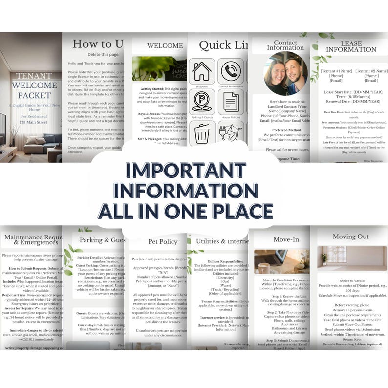 May include: A digital tenant welcome packet with sections on maintenance, parking, pet policy, utilities, and move-in procedures. The title "IMPORTANT INFORMATION ALL IN ONE PLACE" is prominently displayed. The packet includes contact information and lease details.