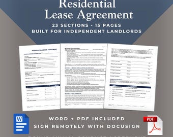 Residential Lease Agreement | 23 Section Landlord Form + Animal Conduct Addendum | Word + PDF | Property Management | Rental Agreement