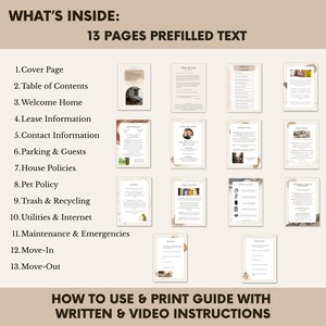 May include: A guide with 13 pre-filled pages, covering topics such as lease information, house policies, and utilities. The guide includes instructions for use and printing, with written and video instructions.