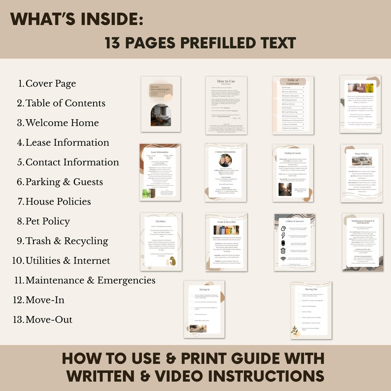 May include: A guide with 13 pre-filled pages, covering topics such as lease information, house policies, and utilities. The guide includes instructions for use and printing, with written and video instructions.