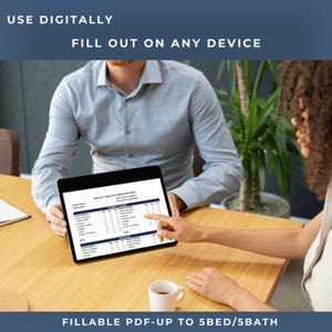 May include: A digital tablet displaying a fillable PDF form, with the text "HOME IN / MOVE OUT INSPECTION FORM". The image shows two people interacting with the tablet. Text at the top reads "USE DIGITALLY FILL OUT ON ANY DEVICE". The bottom text reads "FILLABLE PDF-UP TO 5BED/5BATH".