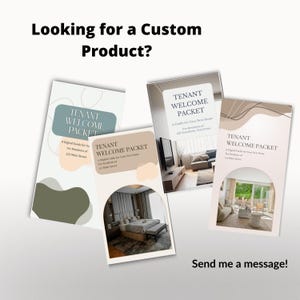Puede incluir: Cuatro gu&iacute;as digitales "Tenant Welcome Packet" con im&aacute;genes de dise&ntilde;o de interiores. Las gu&iacute;as tienen texto que dice "Looking for a Custom Product?" y "Send me a message!". Las gu&iacute;as son en tonos de blanco, beige y gris.