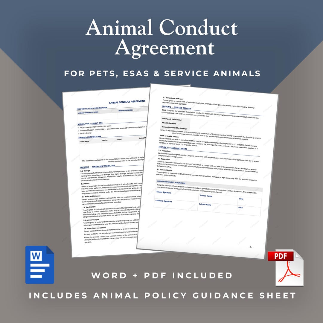 Service Animal Addendum Animal Conduct Agreement for Landlords | Pet, ESA & Service Animal ...