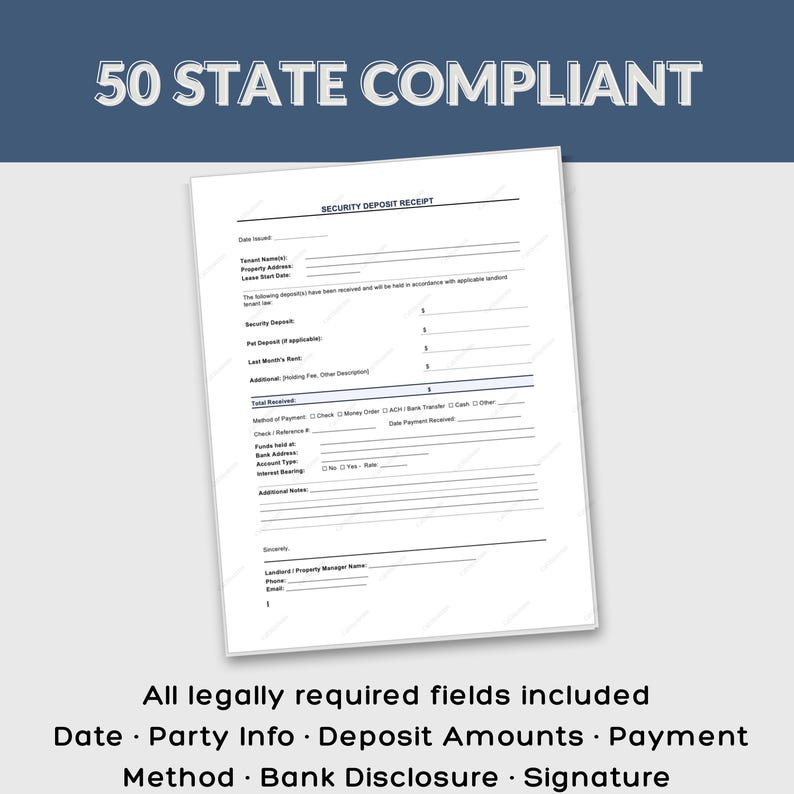 Op de afbeelding: Een witte ontvangstbewijs voor de borg met de tekst "50 STATE COMPLIANT" bovenaan. De bon bevat velden voor huurderinformatie, borgbedragen en betaalmethoden. De onderkant van de afbeelding luidt "All legally required fields included".