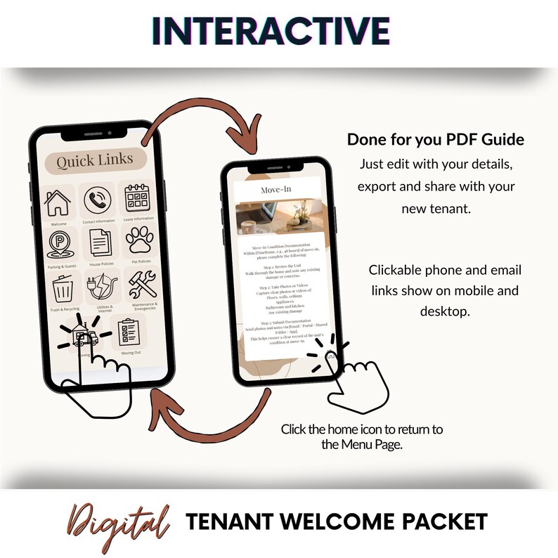 May include: Two smartphones displaying a digital tenant welcome packet. One phone shows quick links, the other displays a move-in guide. The image includes the words "Interactive" and "Digital Tenant Welcome Packet."