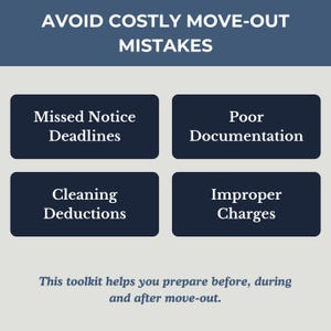 May include: A light gray informational graphic with dark blue text and boxes. The header reads AVOID COSTLY MOVE-OUT MISTAKES. Four boxes list Missed Notice Deadlines, Poor Documentation, Cleaning Deductions, and Improper Charges. The footer text reads This toolkit helps you prepare before, during and after move-out.