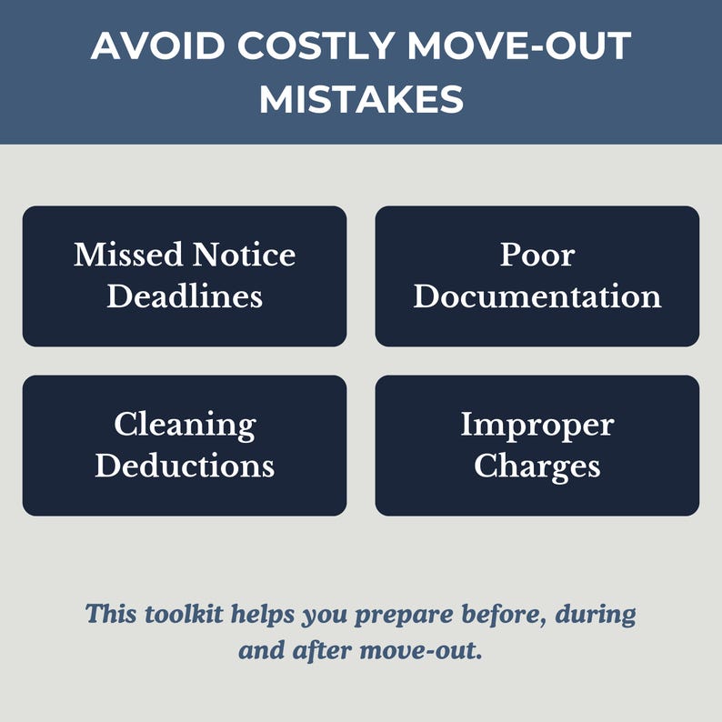 May include: A light gray informational graphic with dark blue text and boxes. The header reads AVOID COSTLY MOVE-OUT MISTAKES. Four boxes list Missed Notice Deadlines, Poor Documentation, Cleaning Deductions, and Improper Charges. The footer text reads This toolkit helps you prepare before, during and after move-out.