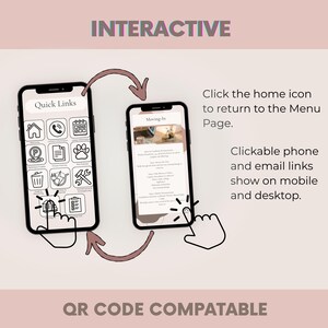 May include: Two smartphones showing app interfaces labelled "Quick Links" and "Moving-In." The image includes the text "Interactive" and "QR Code Compatable." Arrows and a hand icon indicate interactive elements.