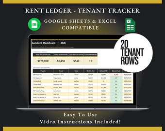 Rent Payment Tracker | 20 Tenant Slots | Landlord Spreadsheet | Google Sheets & Excel | Charcoal Gold