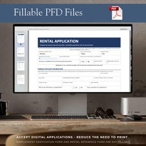 Puede incluir: Un monitor de computadora muestra un formulario de solicitud de alquiler. La pantalla muestra campos para la direcci&oacute;n, la fecha de mudanza y otros detalles. El texto "Fillable PFD Files" est&aacute; en la parte superior. Tambi&eacute;n se ven un rat&oacute;n, un teclado y pi&ntilde;as.