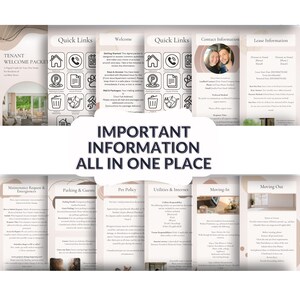 Puede incluir: Un paquete digital de bienvenida para inquilinos con secciones para enlaces r&aacute;pidos, informaci&oacute;n de contacto y detalles del contrato de arrendamiento. El texto central dice "IMPORTANT INFORMATION ALL IN ONE PLACE."