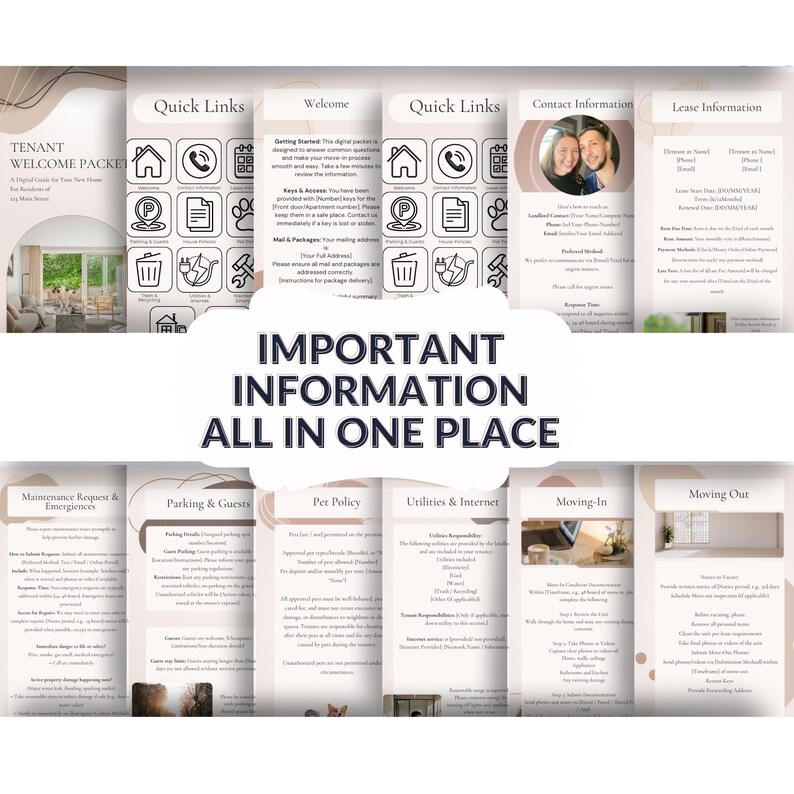 Puede incluir: Un paquete digital de bienvenida para inquilinos con secciones para enlaces r&aacute;pidos, informaci&oacute;n de contacto y detalles del contrato de arrendamiento. El texto central dice "IMPORTANT INFORMATION ALL IN ONE PLACE."