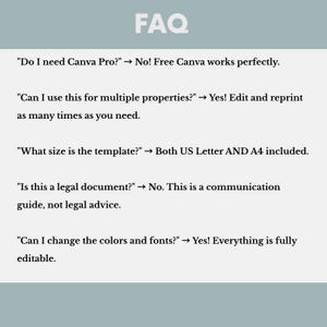 May include: A light teal graphic with the word "FAQ" in large, white text at the top. Below, a series of questions and answers address template usage, including size, editing, and legal aspects. The answers are in a smaller, black font.