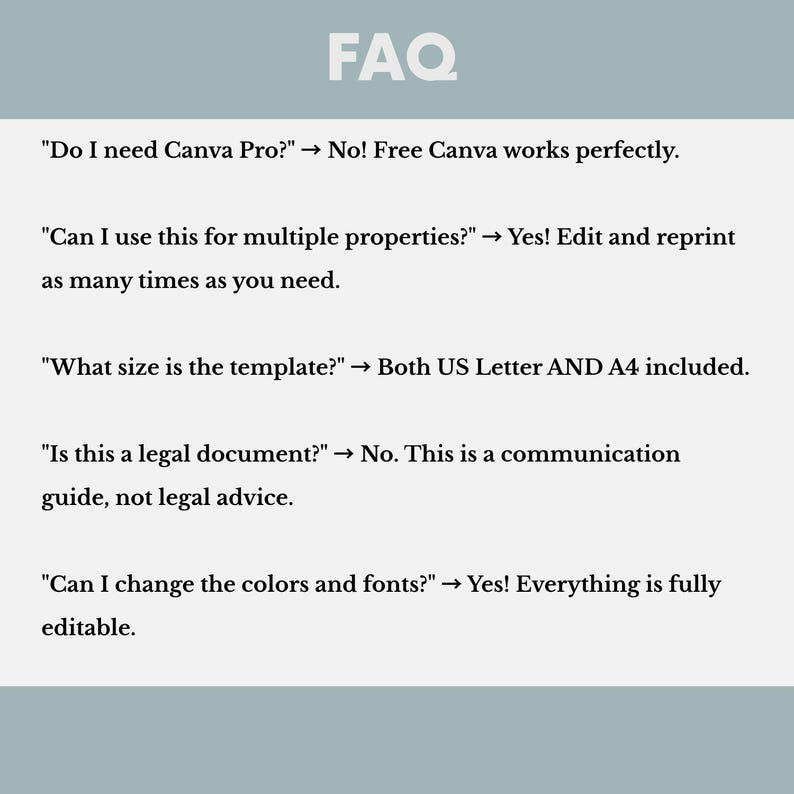 May include: A light teal graphic with the word "FAQ" in large, white text at the top. Below, a series of questions and answers address template usage, including size, editing, and legal aspects. The answers are in a smaller, black font.