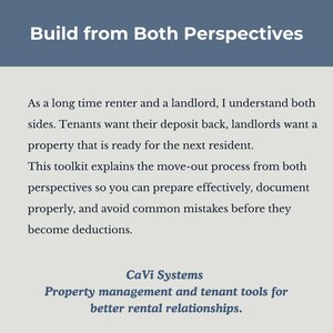 May include: A digital document titled Build from Both Perspectives by CaVi Systems. The text explains a move-out process for renters and landlords, focusing on deposit returns, property preparation, documentation, and avoiding common deductions.