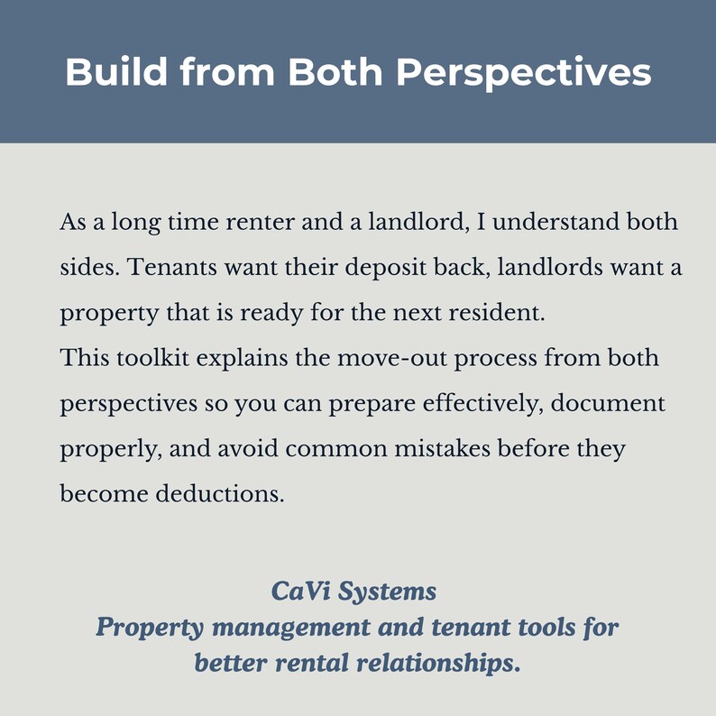May include: A digital document titled Build from Both Perspectives by CaVi Systems. The text explains a move-out process for renters and landlords, focusing on deposit returns, property preparation, documentation, and avoiding common deductions.