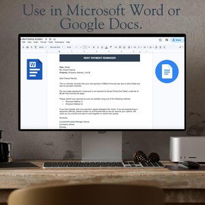 May include: A computer monitor displays a "Rent Payment Reminder" document in Microsoft Word. The document includes fields for date, tenant name, and property address. The screen also shows the text "Use in Microsoft Word or Google Docs."