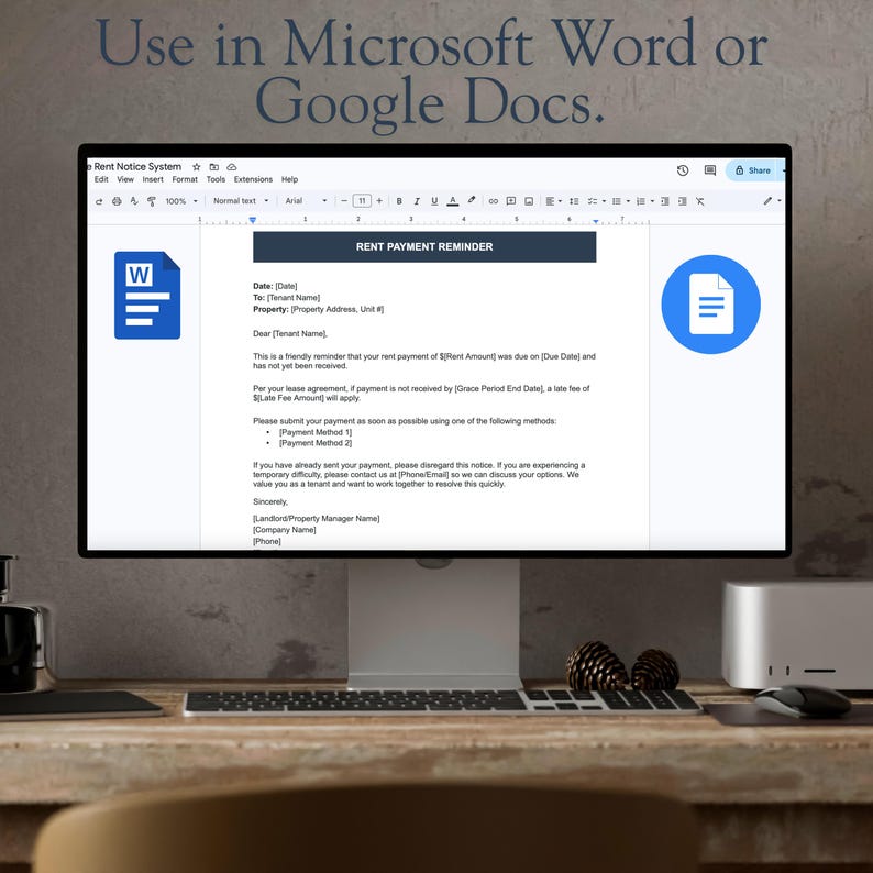 May include: A computer monitor displays a "Rent Payment Reminder" document in Microsoft Word. The document includes fields for date, tenant name, and property address. The screen also shows the text "Use in Microsoft Word or Google Docs."