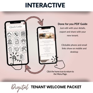 Puede incluir: Dos smartphones muestran un paquete de bienvenida digital para inquilinos. La pantalla izquierda muestra enlaces r&aacute;pidos, la derecha una gu&iacute;a de mudanza. La imagen incluye las palabras "Interactive" y "Digital Tenant Welcome Packet."