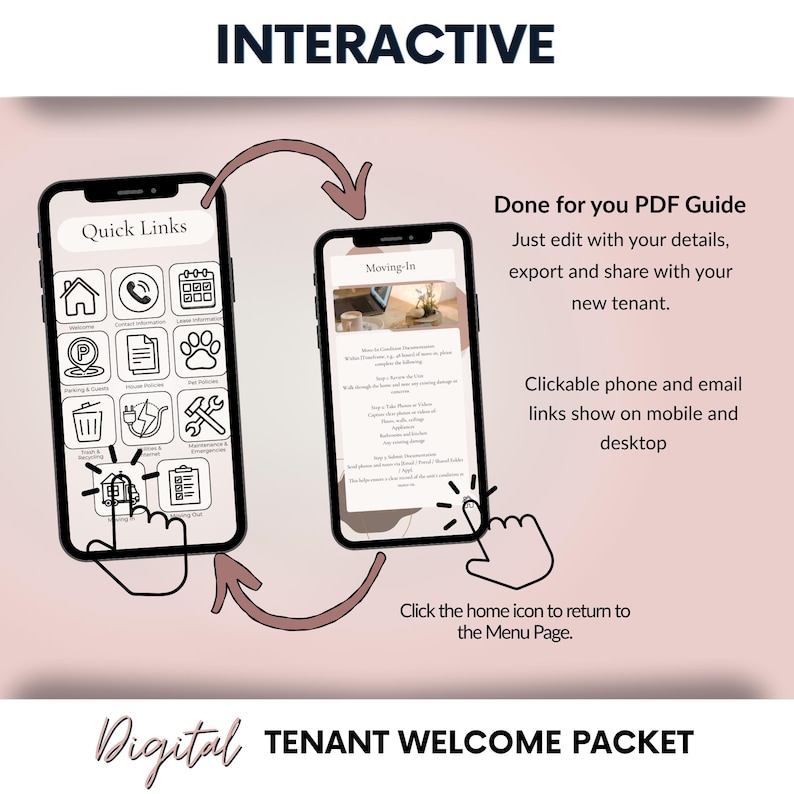 Puede incluir: Dos smartphones muestran un paquete de bienvenida digital para inquilinos. La pantalla izquierda muestra enlaces r&aacute;pidos, la derecha una gu&iacute;a de mudanza. La imagen incluye las palabras "Interactive" y "Digital Tenant Welcome Packet."
