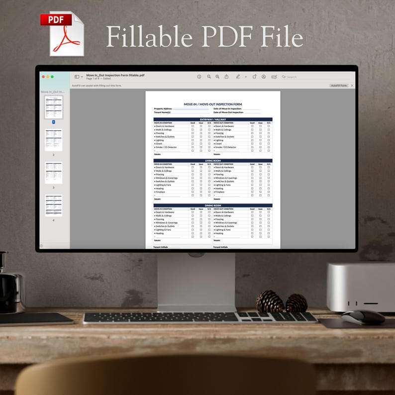 May include: A computer monitor displays a "Fillable PDF File" with a "Move In/Move Out Inspection Form." The form includes sections for property address, date, and checklists for various areas like the entrance, living room, and dining room. The PDF icon is in the top left corner.