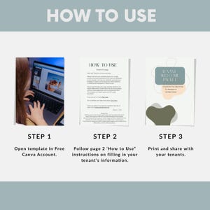 May include: A graphic with instructions on how to use a template. Step 1: Open template in Free Canva Account. Step 2: Follow page 2 'How to Use' instructions. Step 3: Print and share with your tenants.