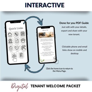 May include: Two smartphones displaying a "Digital Tenant Welcome Packet." One screen shows "Quick Links" with icons. The other shows "Move-In" instructions. The image includes the word "Interactive" and text about a PDF guide.