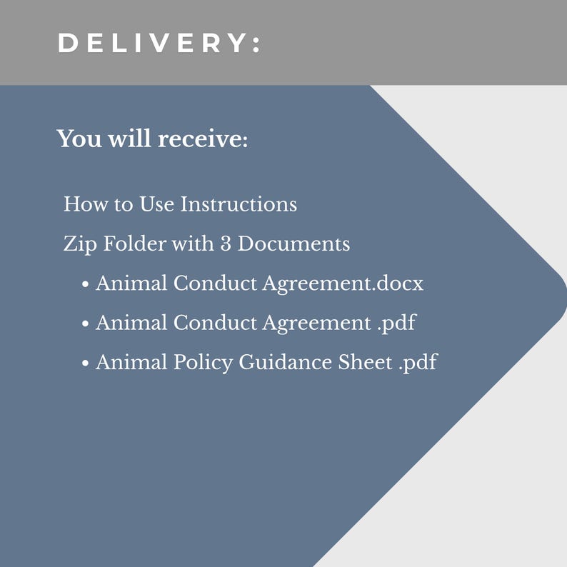 May include: A digital document listing titled DELIVERY: You will receive: How to Use Instructions, Zip Folder with 3 Documents: Animal Conduct Agreement.docx, Animal Conduct Agreement .pdf, and Animal Policy Guidance Sheet .pdf on a blue background.