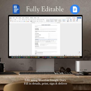 May include: A computer monitor displays a "Security Deposit Receipt" form, with the words "Fully Editable" at the top. The text at the bottom says "Edit using Word or Google Docs. Fill in details, print, sign & deliver."