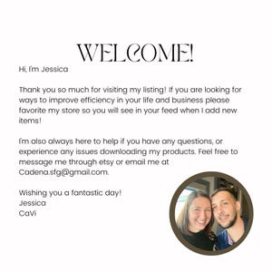 May include: White background with the word "WELCOME!" in a stylish font. Text below welcomes visitors and offers assistance with questions or download issues. Includes a circular photo of two people.