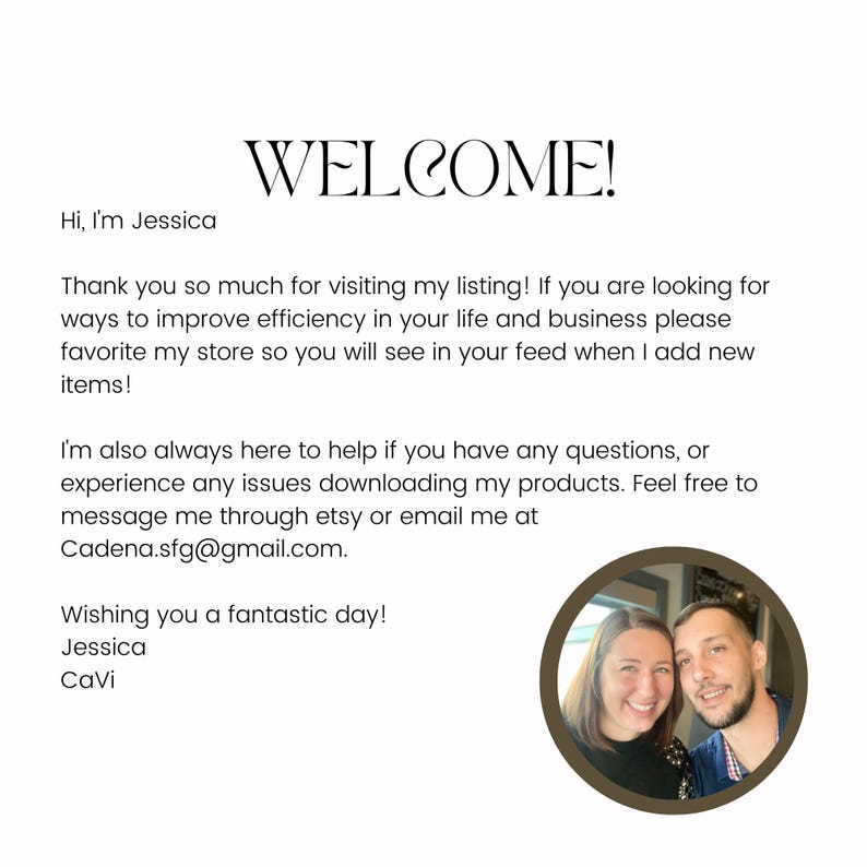 May include: White background with the word "WELCOME!" in a stylish font. Text below welcomes visitors and offers assistance with questions or download issues. Includes a circular photo of two people.
