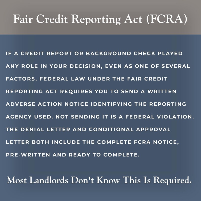 Pu&ograve; includere: Testo su sfondo blu e grigio che spiega il Fair Credit Reporting Act (FCRA). Il testo spiega i requisiti della legge e si conclude con la frase: "La maggior parte dei proprietari non lo sa."