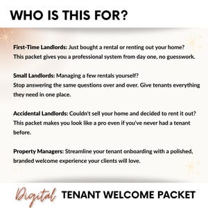 May include: A promotional graphic with the text "WHO IS THIS FOR?" and descriptions for first-time, small, and accidental landlords, and property managers. The graphic also includes the text "Digital TENANT WELCOME PACKET."