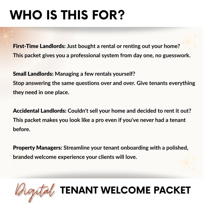May include: A promotional graphic with the text "WHO IS THIS FOR?" and descriptions for first-time, small, and accidental landlords, and property managers. The graphic also includes the text "Digital TENANT WELCOME PACKET."