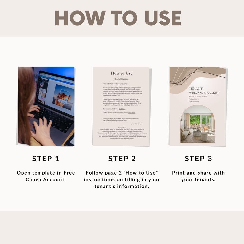 Puede incluir: Una gu&iacute;a de tres pasos titulada "HOW TO USE". El paso 1 muestra una computadora port&aacute;til con una plantilla de Canva. El paso 2 muestra instrucciones. El paso 3 muestra un "Tenant Welcome Packet". El texto indica a los usuarios que abran la plantilla, sigan las instrucciones e impriman.